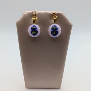 Artisan handmade Fused glass pink and blue dangling earrings. artisan made. gold